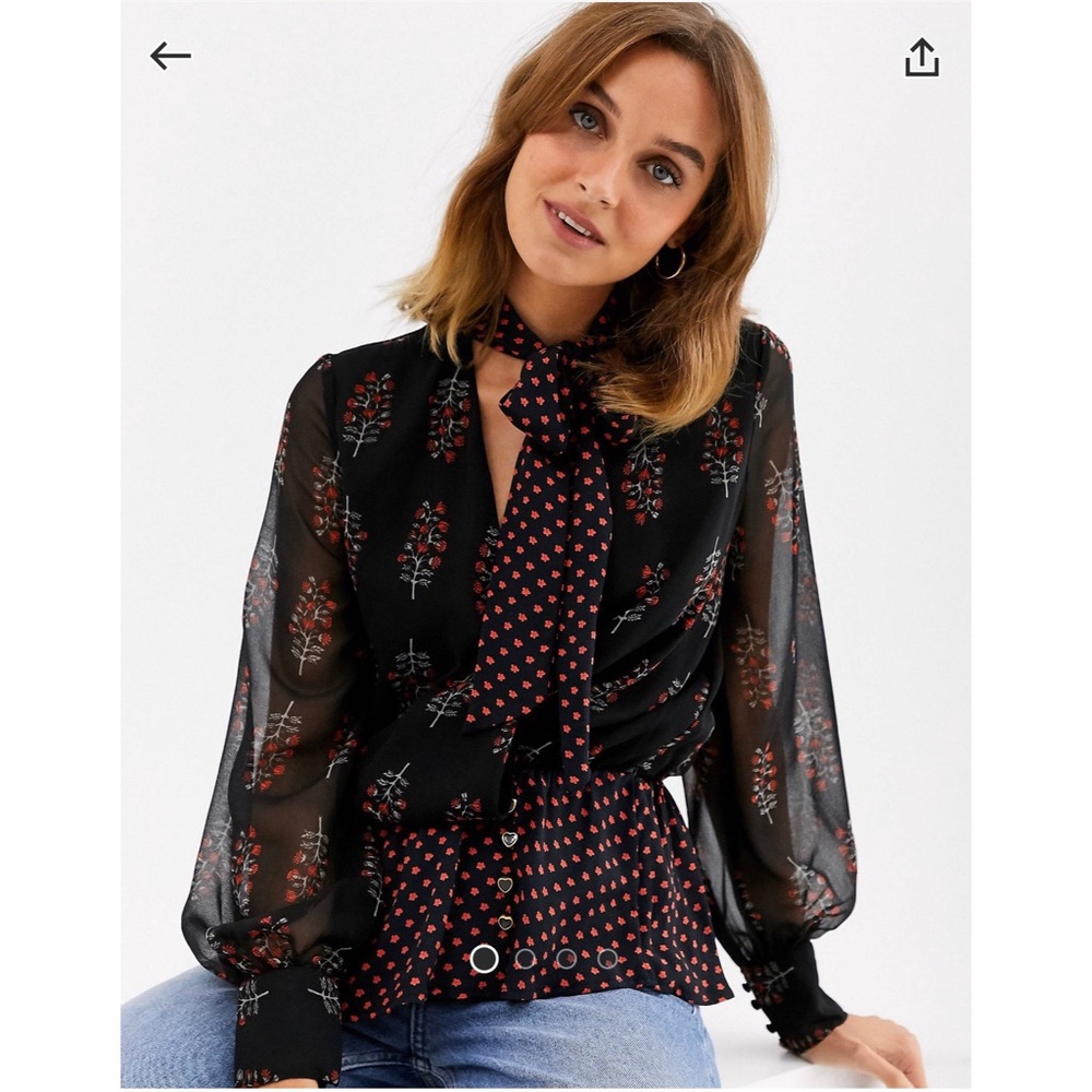 River Island Puss-Bow Blouse in Mixed Print